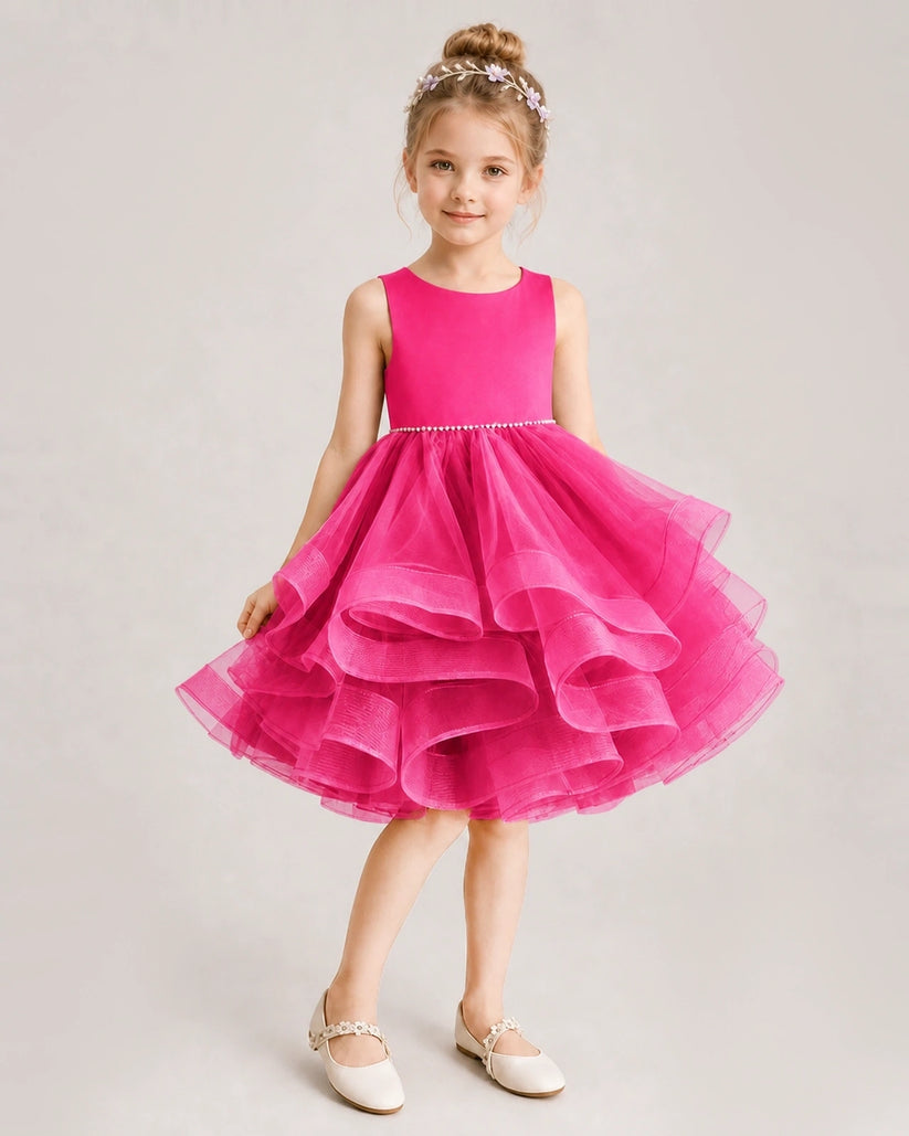 Hot Pink Tulle Ball Gown Girls Formal Dress Front View