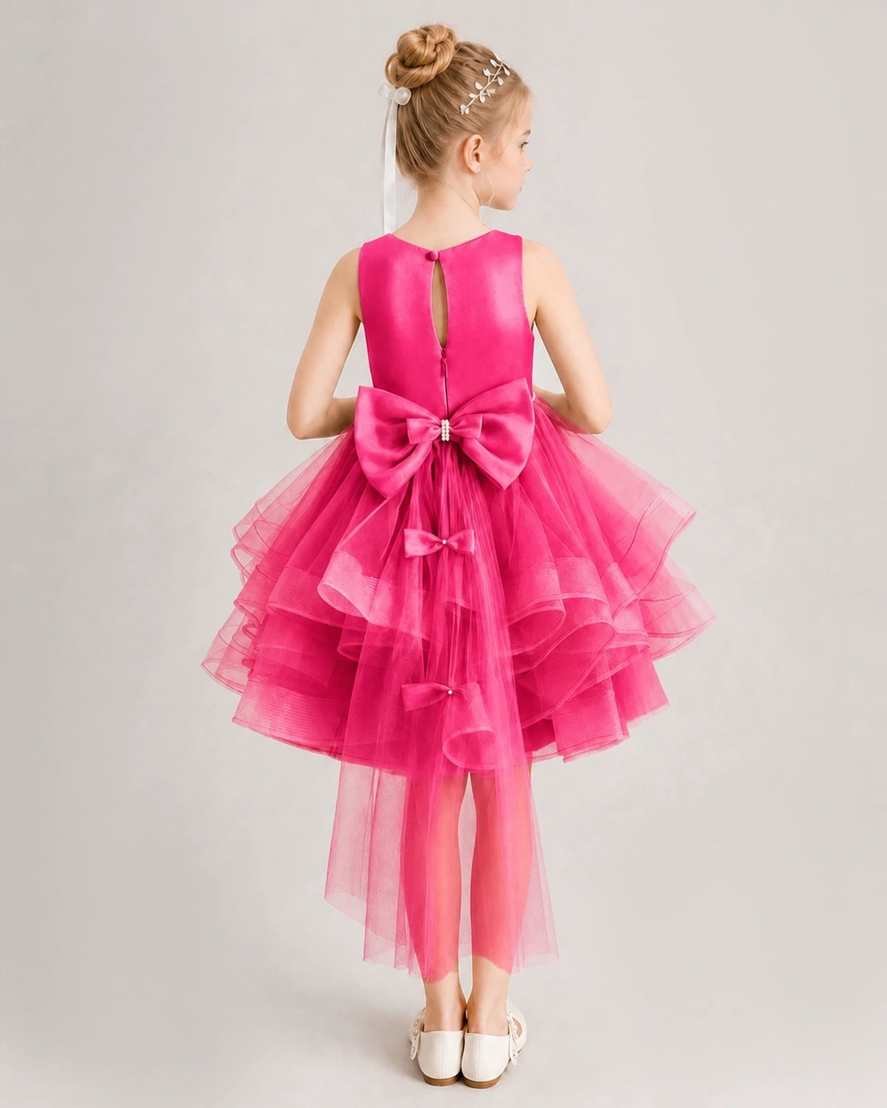 Hot Pink Flower Girl Dress Satin Bow Tiered Tulle Knee-Length Dress Back View