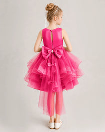 Hot Pink Flower Girl Dress Satin Bow Tiered Tulle Knee-Length Dress Back View