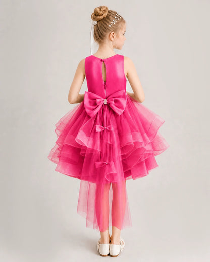 Hot Pink Flower Girl Dress Satin Bow Tiered Tulle Knee-Length Dress Back View