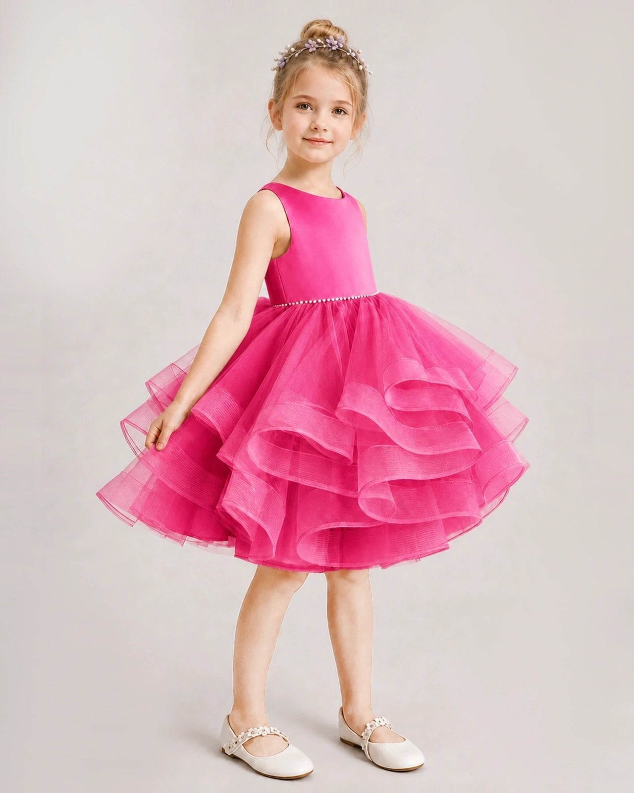 Hot Pink Flower Girl Dress Satin Bow Tiered Tulle Knee-Length Dress Side View