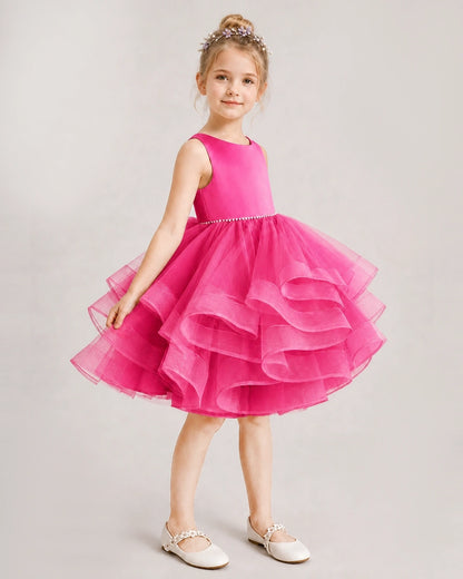 Hot Pink Flower Girl Dress Satin Bow Tiered Tulle Knee-Length Dress Side View
