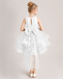 Ivory Flower Girl Dress Satin Bow Tiered Tulle Knee-Length Dress Back View