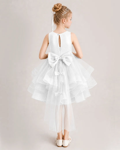 Ivory Flower Girl Dress Satin Bow Tiered Tulle Knee-Length Dress Back View