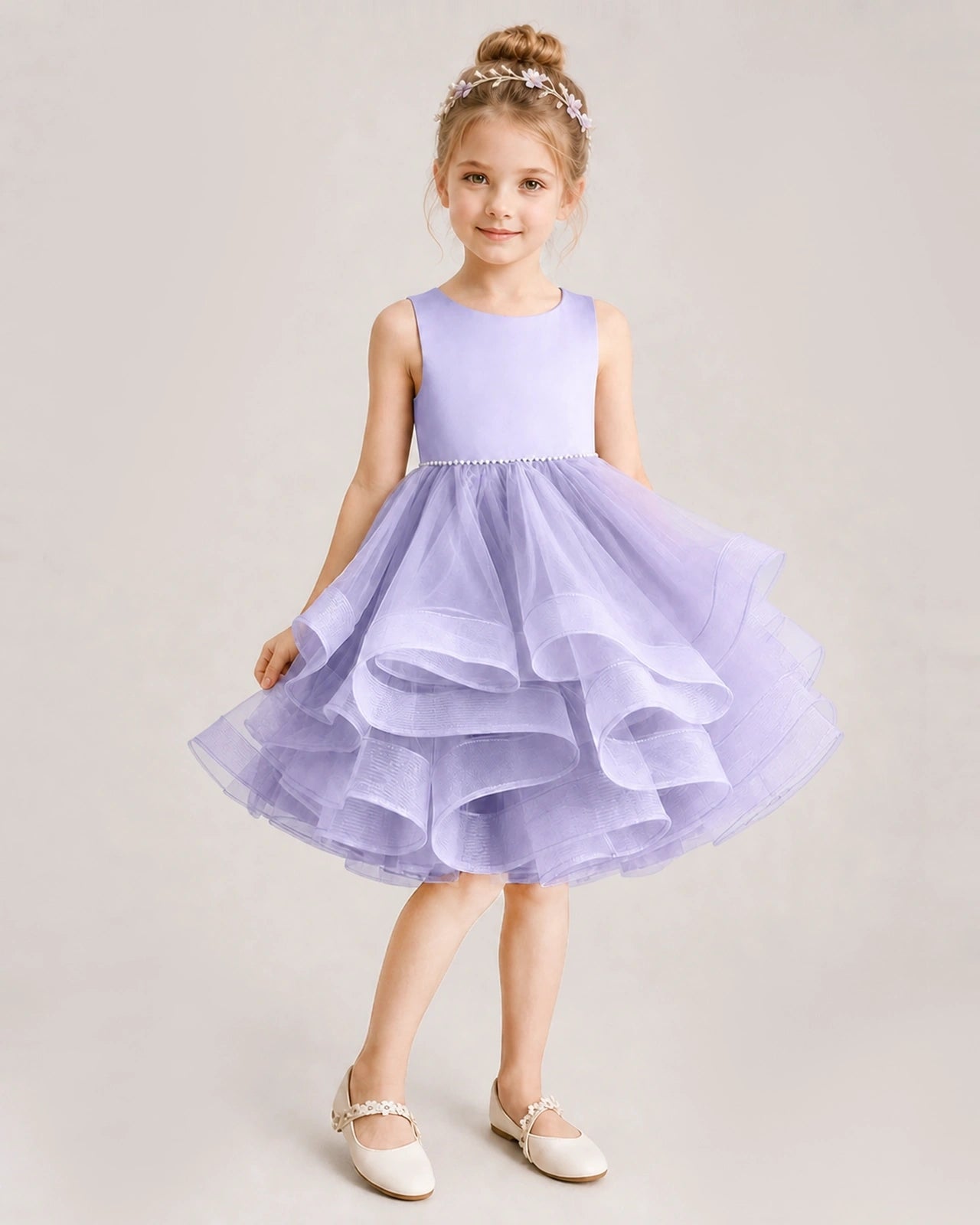 Lavender Flower Girl Dress Satin Bow Tiered Tulle Knee-Length Dress Front View