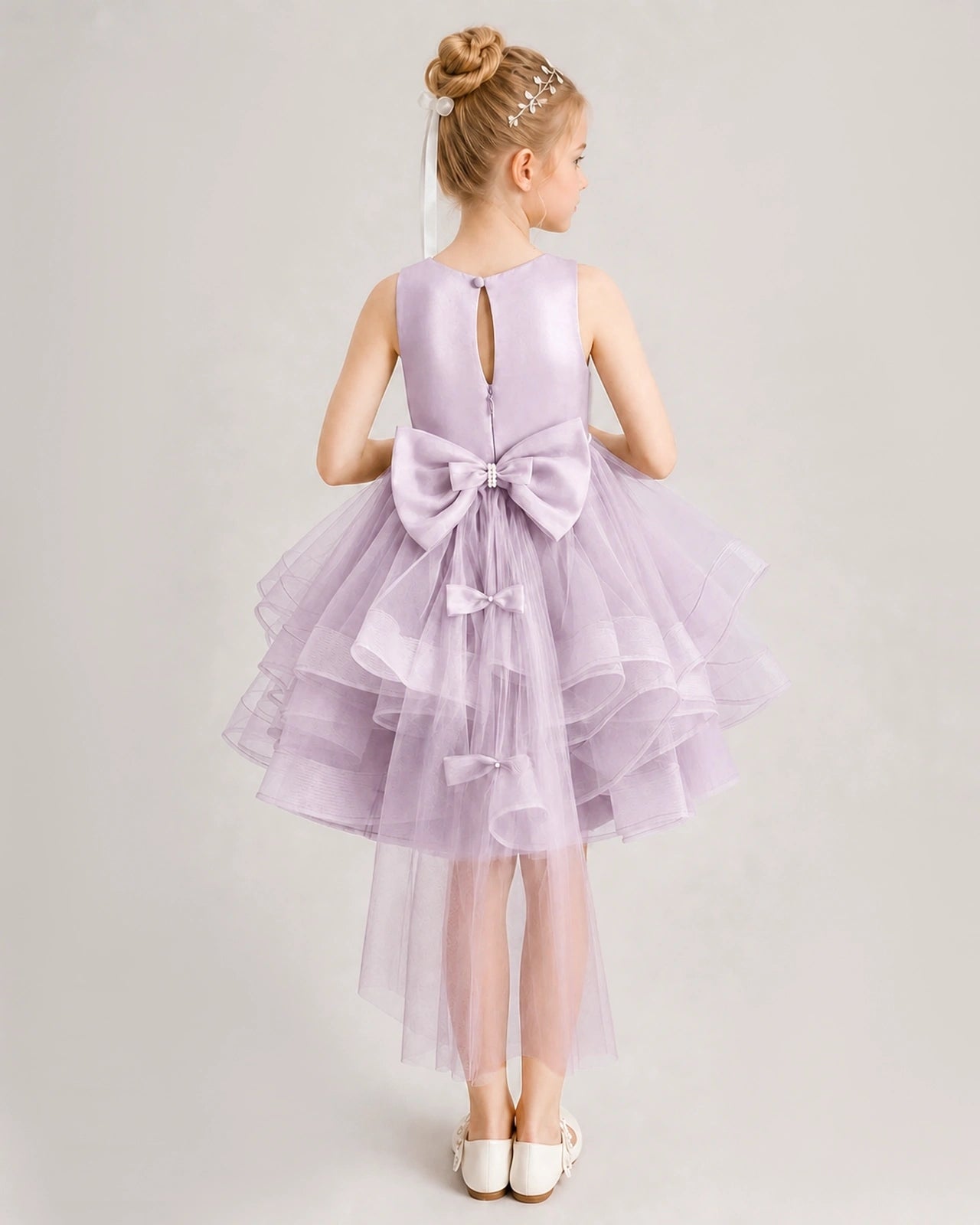 Lilac Flower Girl Dress Satin Bow Tiered Tulle Knee-Length Dress Back View