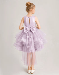 Lilac Flower Girl Dress Satin Bow Tiered Tulle Knee-Length Dress Back View