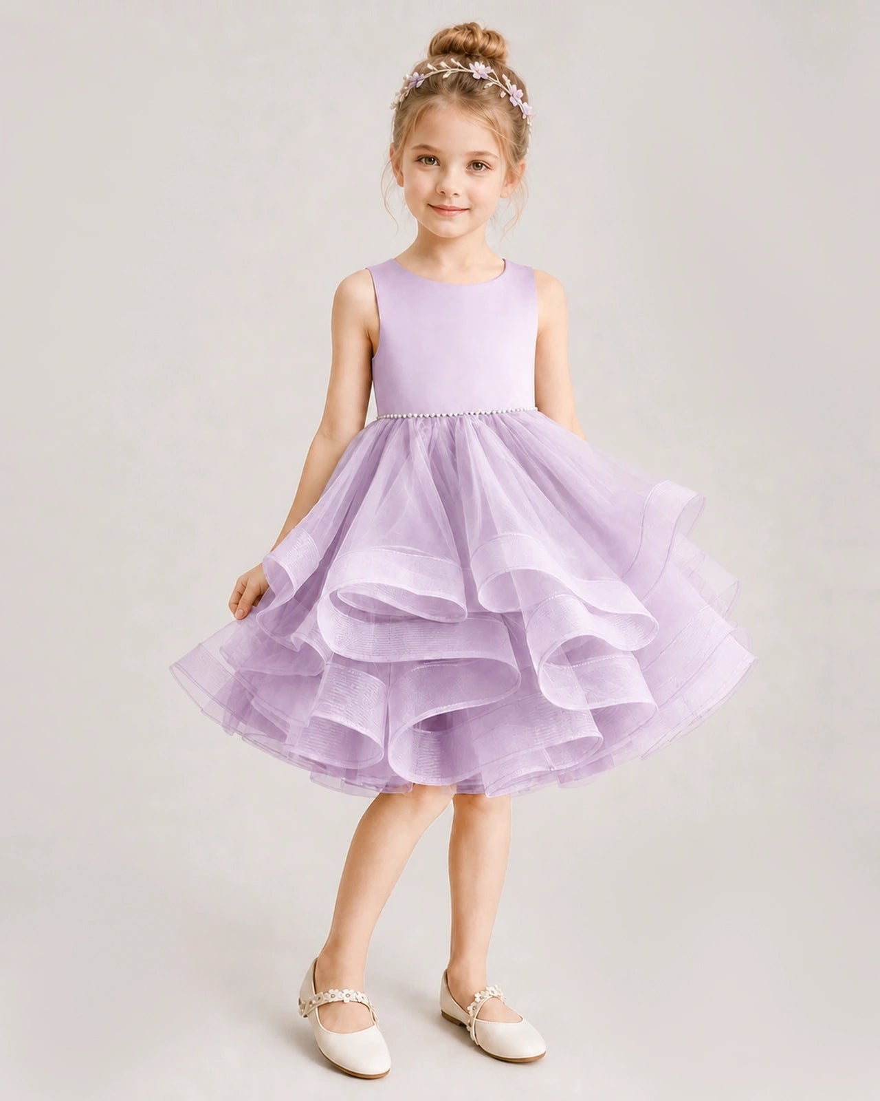 Lilac Flower Girl Dress Satin Bow Tiered Tulle Knee-Length Dress Front View