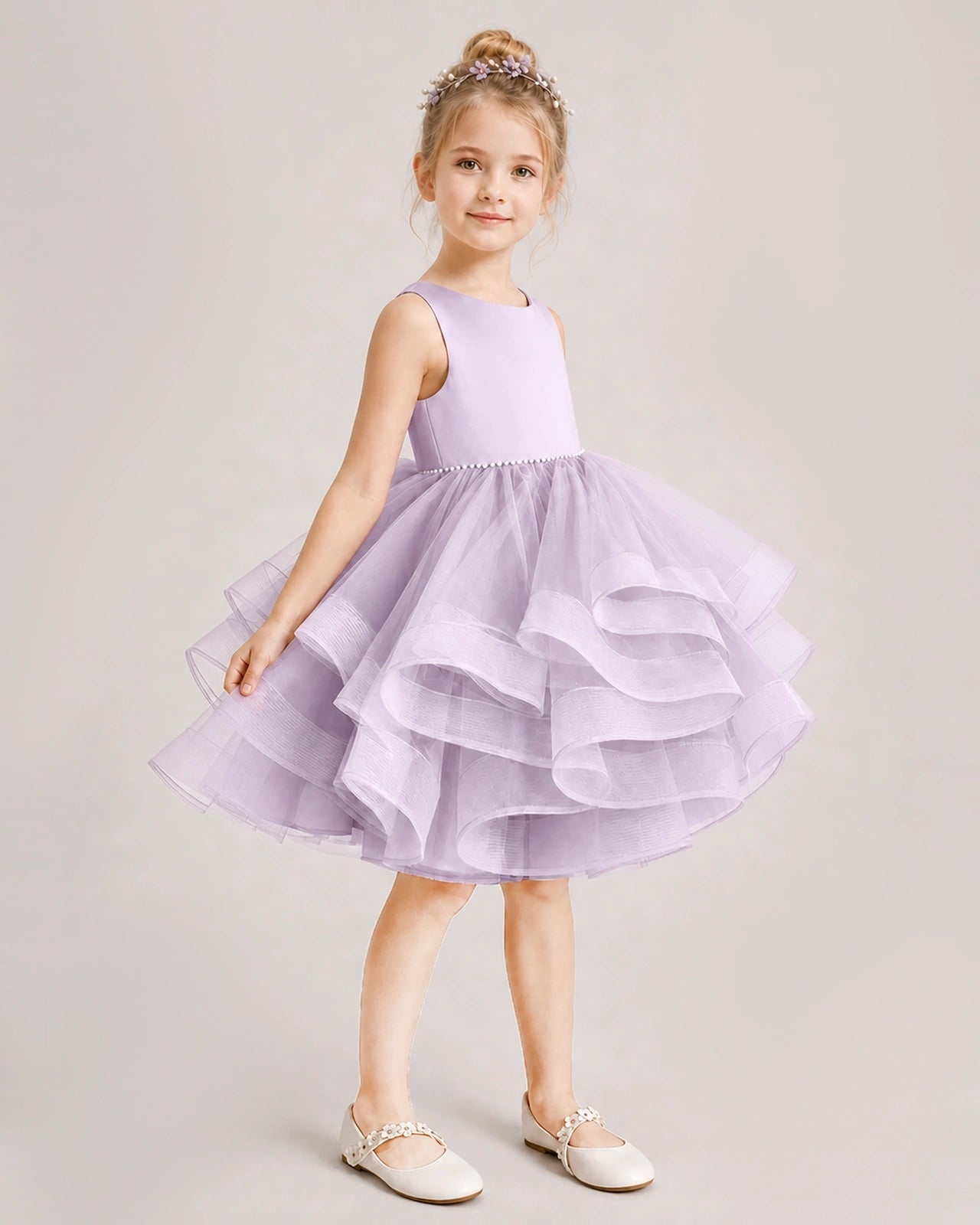 Lilac Flower Girl Dress Satin Bow Tiered Tulle Knee-Length Dress Side View