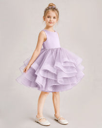 Lilac Flower Girl Dress Satin Bow Tiered Tulle Knee-Length Dress Side View