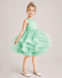 Mint Green Flower Girl Dress Satin Bow Tiered Tulle Knee-Length Dress Side View