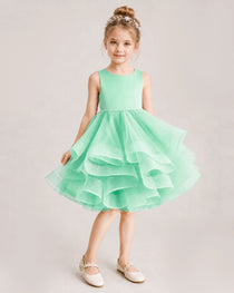Mint Green Flower Girl Dress Satin Bow Tiered Tulle Knee-Length Dress Front View