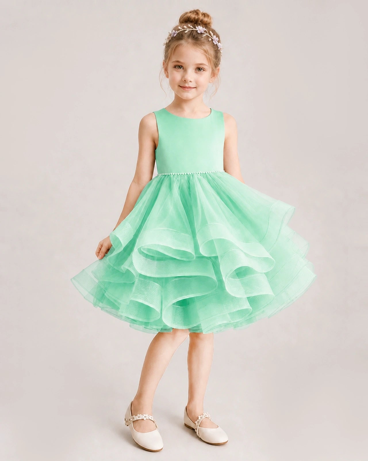 Mint Green Flower Girl Dress Satin Bow Tiered Tulle Knee-Length Dress Front View