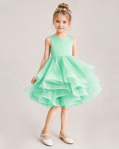 Mint Green Flower Girl Dress Satin Bow Tiered Tulle Knee-Length Dress Front View
