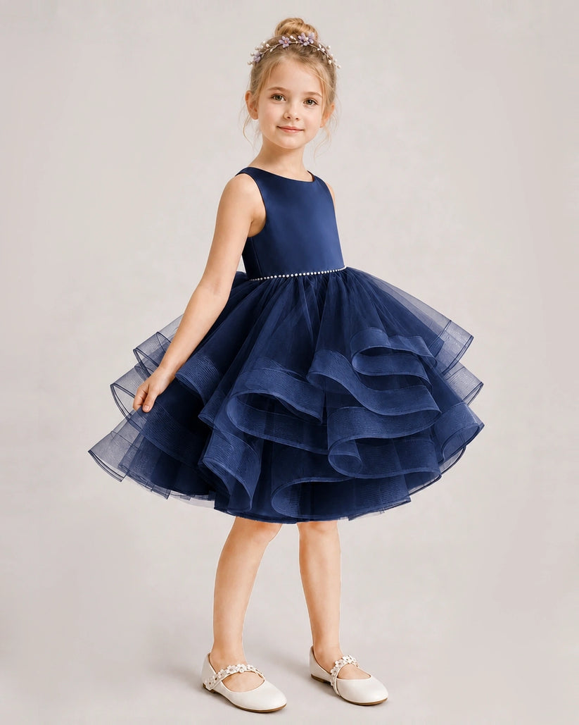 Navy Blue Tulle Ball Gown Girls Formal Dress Front View
