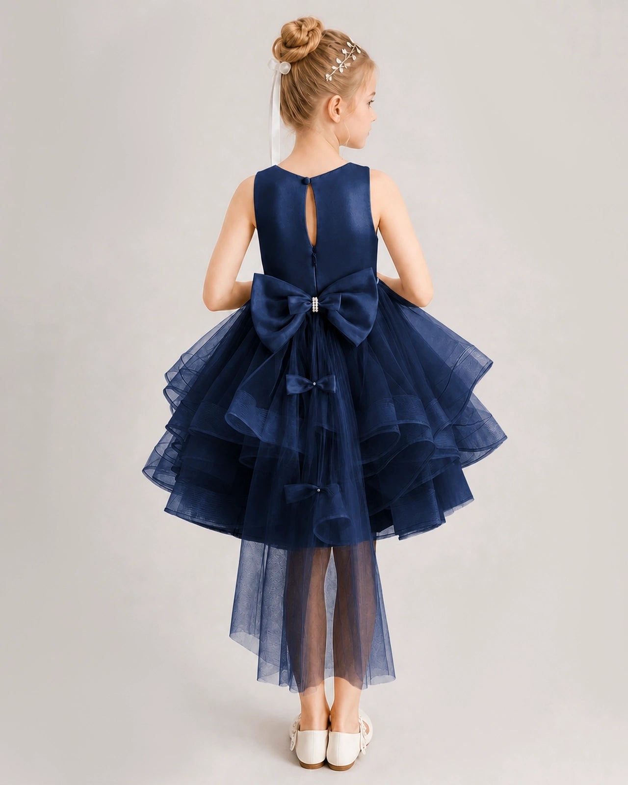 Navy Blue Flower Girl Dress Satin Bow Tiered Tulle Knee-Length Dress Back View