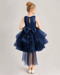 Navy Blue Flower Girl Dress Satin Bow Tiered Tulle Knee-Length Dress Back View