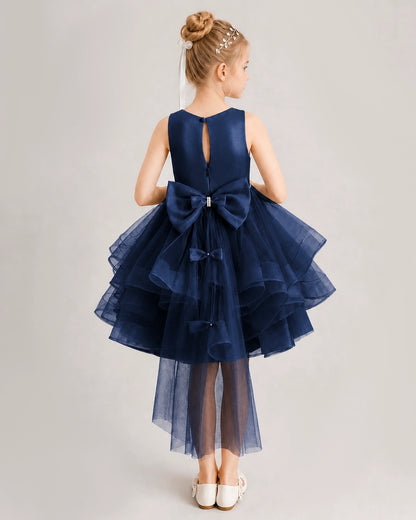 Navy Blue Flower Girl Dress Satin Bow Tiered Tulle Knee-Length Dress Back View