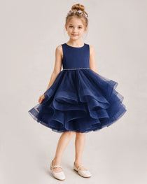 Navy Blue Flower Girl Dress Satin Bow Tiered Tulle Knee-Length Dress Front View