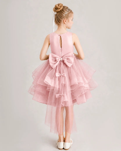 Pink Flower Girl Dress Satin Bow Tiered Tulle Knee-Length Dress Back View
