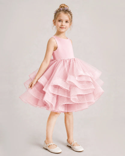 Pink Flower Girl Dress Satin Bow Tiered Tulle Knee-Length Dress Side View