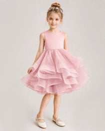 Pink Flower Girl Dress Satin Bow Tiered Tulle Knee-Length Dress Front View