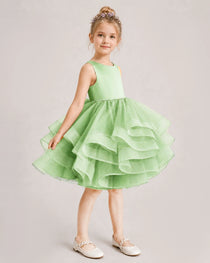 Sage Green Flower Girl Dress Satin Bow Tiered Tulle Knee-Length Dress Side View