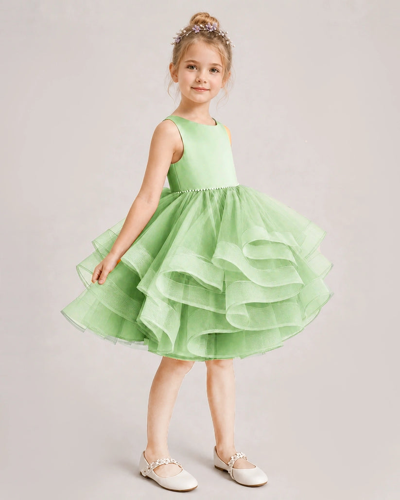 Sage Green Tulle A-line Girls Formal Dress Front View