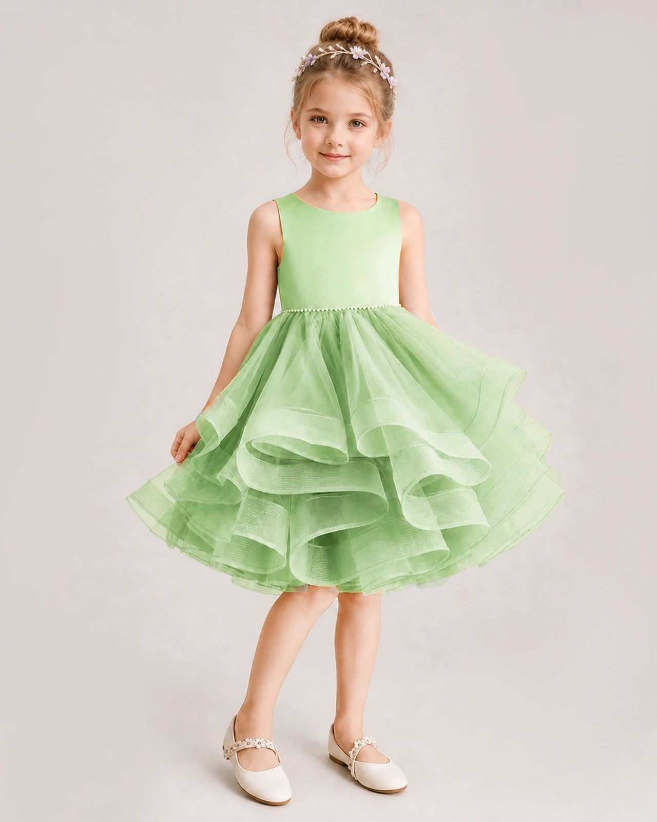 Sage Green Flower Girl Dress Satin Bow Tiered Tulle Knee-Length Dress Front View