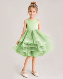 Sage Green Flower Girl Dress Satin Bow Tiered Tulle Knee-Length Dress Front View