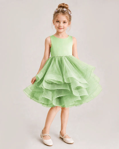 Sage Green Flower Girl Dress Satin Bow Tiered Tulle Knee-Length Dress Front View