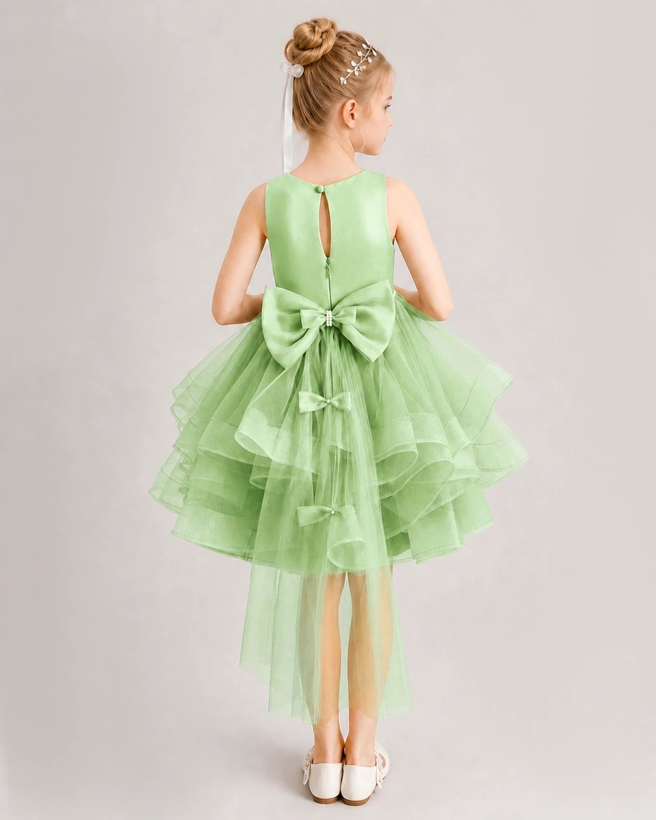 Sage Green Flower Girl Dress Satin Bow Tiered Tulle Knee-Length Dress Back View