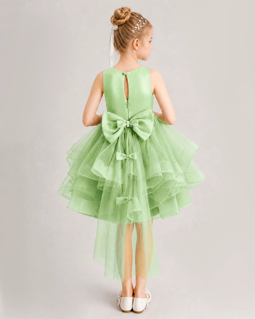 Sage Green Tulle A-line Girls Formal Dress Back View
