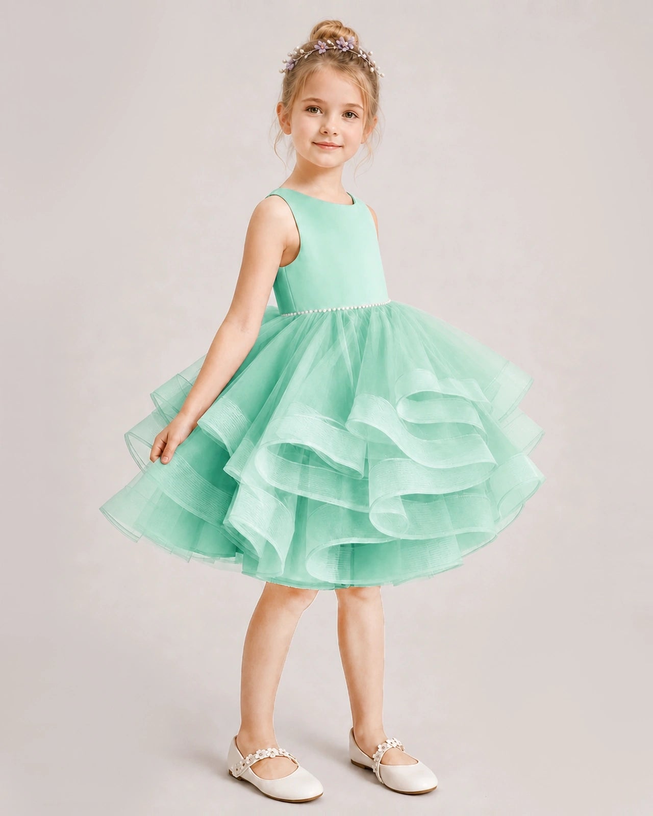 Turquoise Flower Girl Dress Satin Bow Tiered Tulle Knee-Length Dress Side View