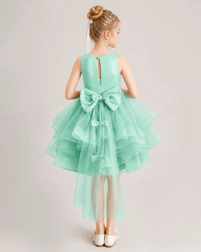 Turquoise Flower Girl Dress Satin Bow Tiered Tulle Knee-Length Dress Back View