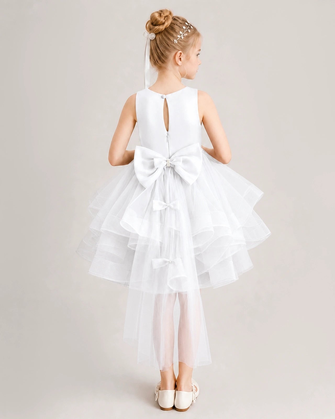 White Flower Girl Dress Satin Bow Tiered Tulle Knee-Length Dress Back View