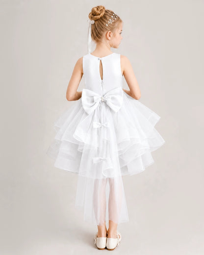White Flower Girl Dress Satin Bow Tiered Tulle Knee-Length Dress Back View