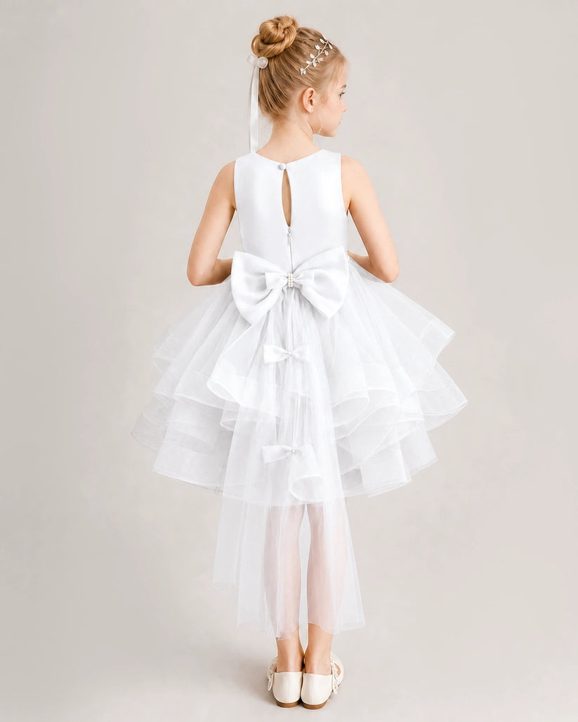 White Tulle A-line Girls Formal Dress Back View