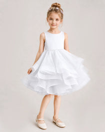 White Flower Girl Dress Satin Bow Tiered Tulle Knee-Length Dress Front View
