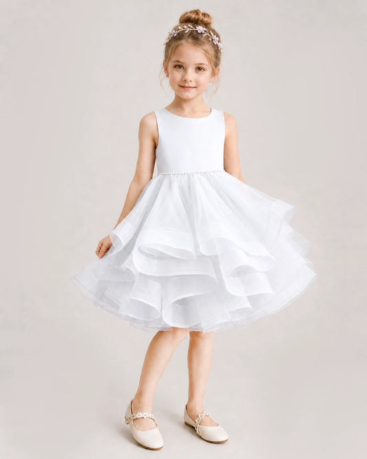 White Tulle A-line Girls Formal Dress Front View