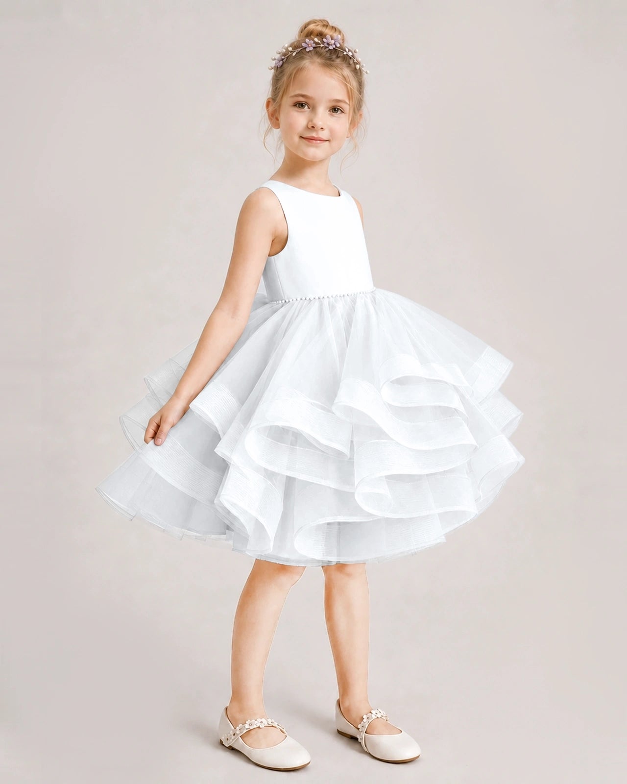 White Flower Girl Dress Satin Bow Tiered Tulle Knee-Length Dress Side View