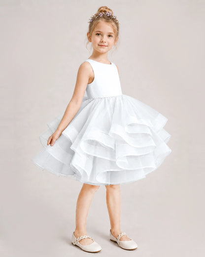 White Flower Girl Dress Satin Bow Tiered Tulle Knee-Length Dress Side View