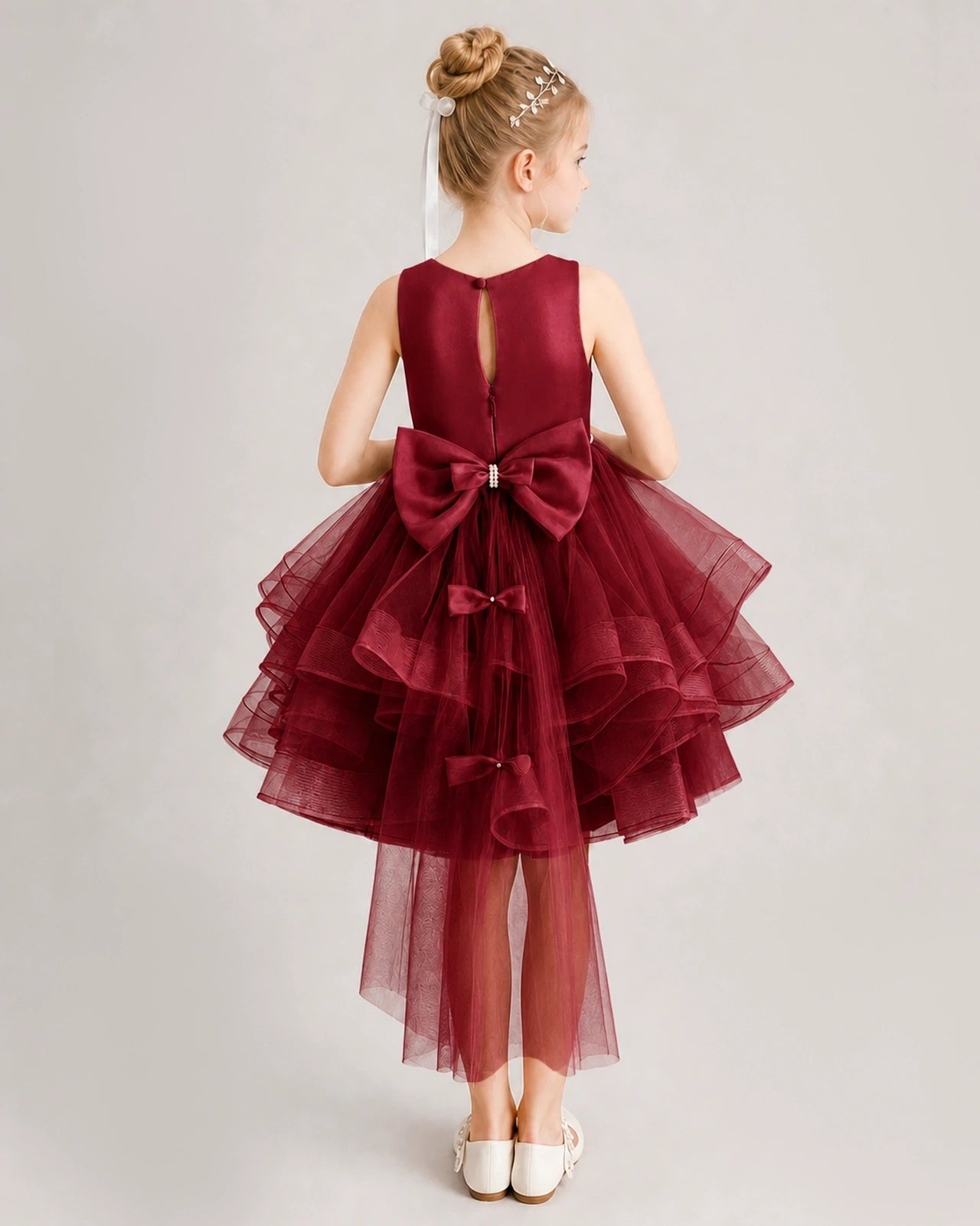 Windred Flower Girl Dress Satin Bow Tiered Tulle Knee-Length Dress Back View
