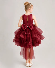 Windred Flower Girl Dress Satin Bow Tiered Tulle Knee-Length Dress Back View