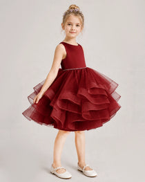Windred Flower Girl Dress Satin Bow Tiered Tulle Knee-Length Dress Side View