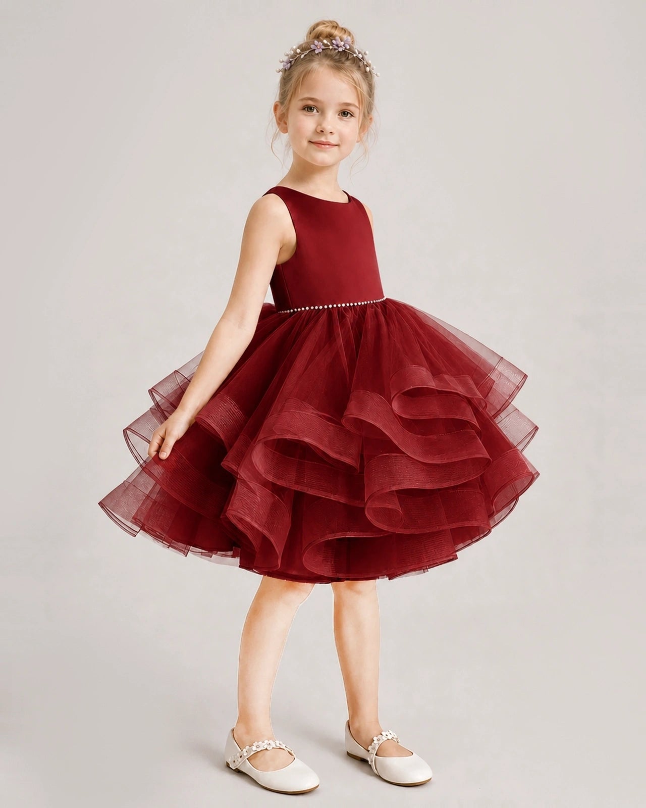 Windred Flower Girl Dress Satin Bow Tiered Tulle Knee-Length Dress Side View