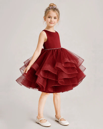 Windred Flower Girl Dress Satin Bow Tiered Tulle Knee-Length Dress Side View
