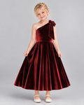Dideyttawl One Shoulder Bow Velvet Dress for Girls Formal