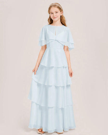 Baby Blue Junior Bridesmaid Dress Detachable Cape Tiered Chiffon Floor-Length Gown Front View