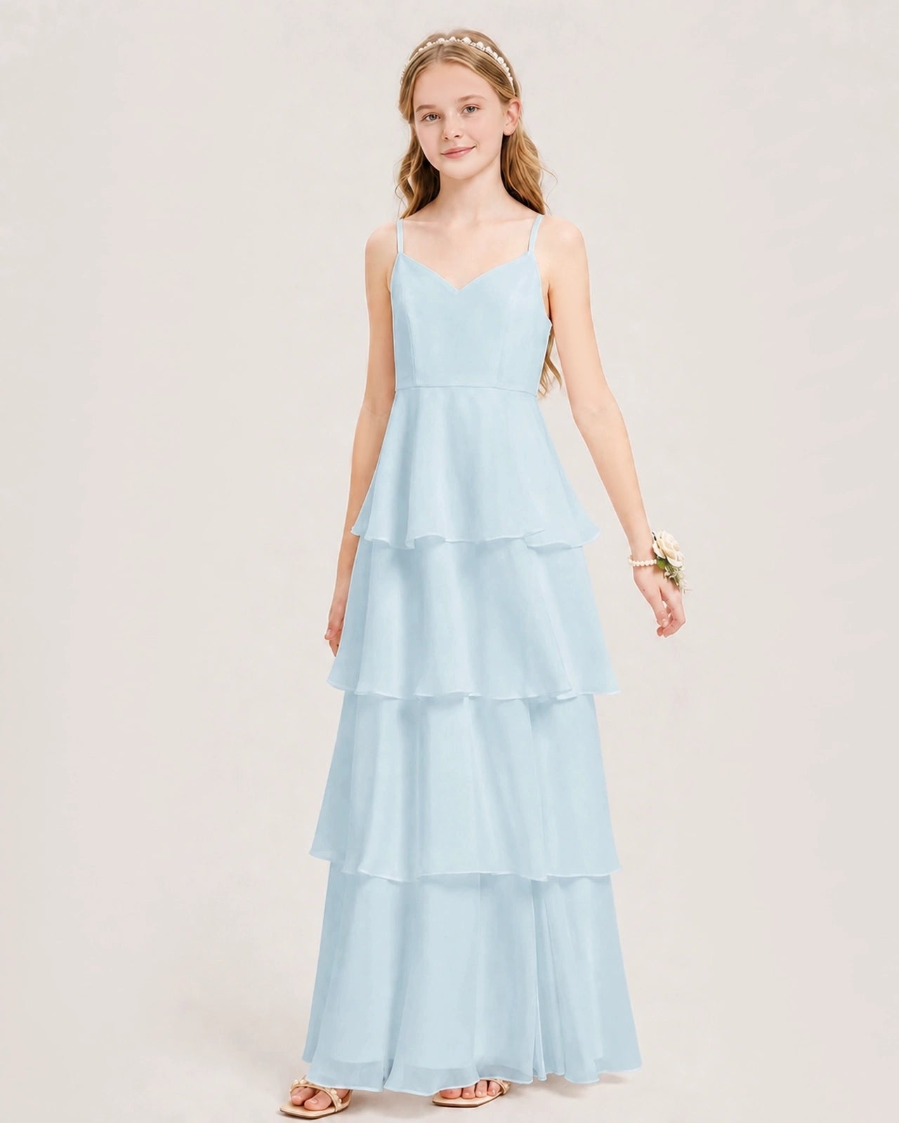 Baby Blue Junior Bridesmaid Dress Detachable Cape Tiered Chiffon Floor-Length Gown Front View